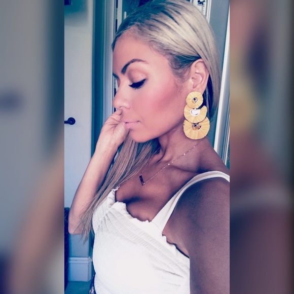 STATEMENT EARRINGS MUSTARD YELLOW RAFFIA 3” FALL - Picture 2 of 4